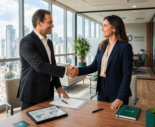 Executivos fechando contrato de capital de giro em escritório corporativo moderno